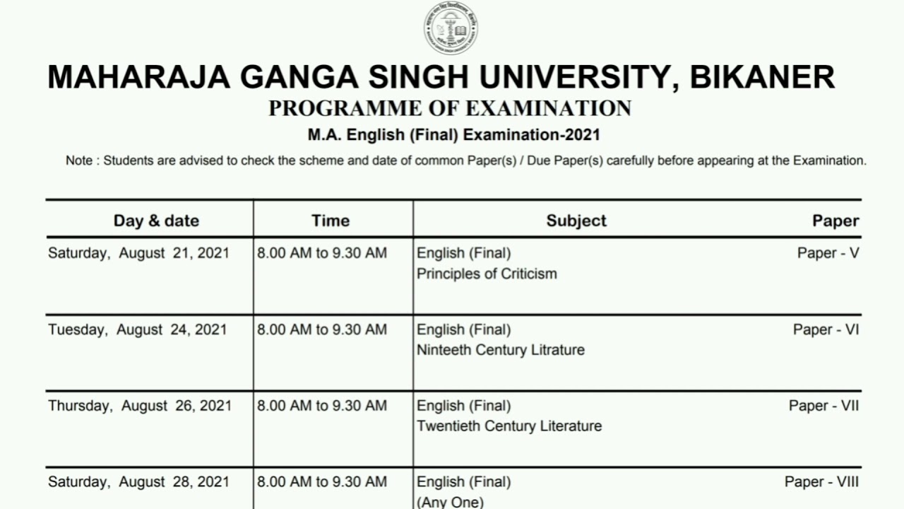 MGSU M.A. English  (Final) Examination-2021 Timetable