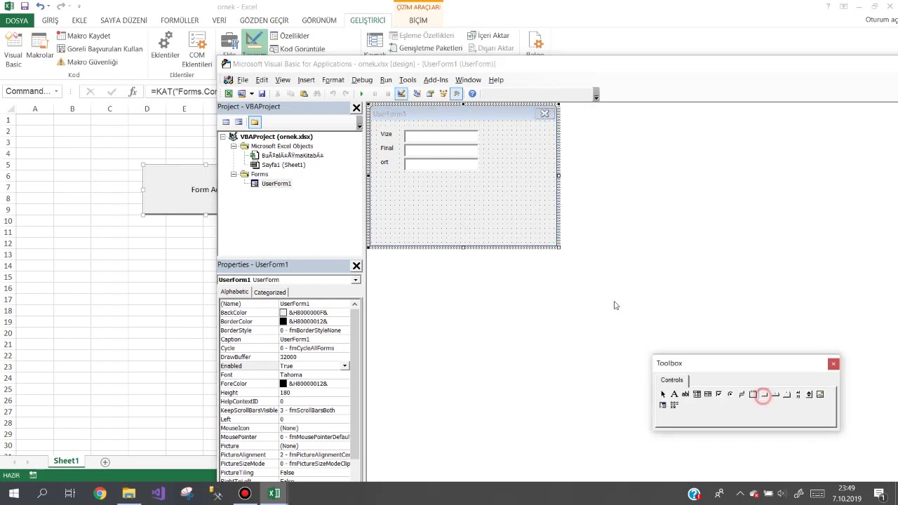 Excel uygulamasını gizleyip sadece Userform ile çalışma