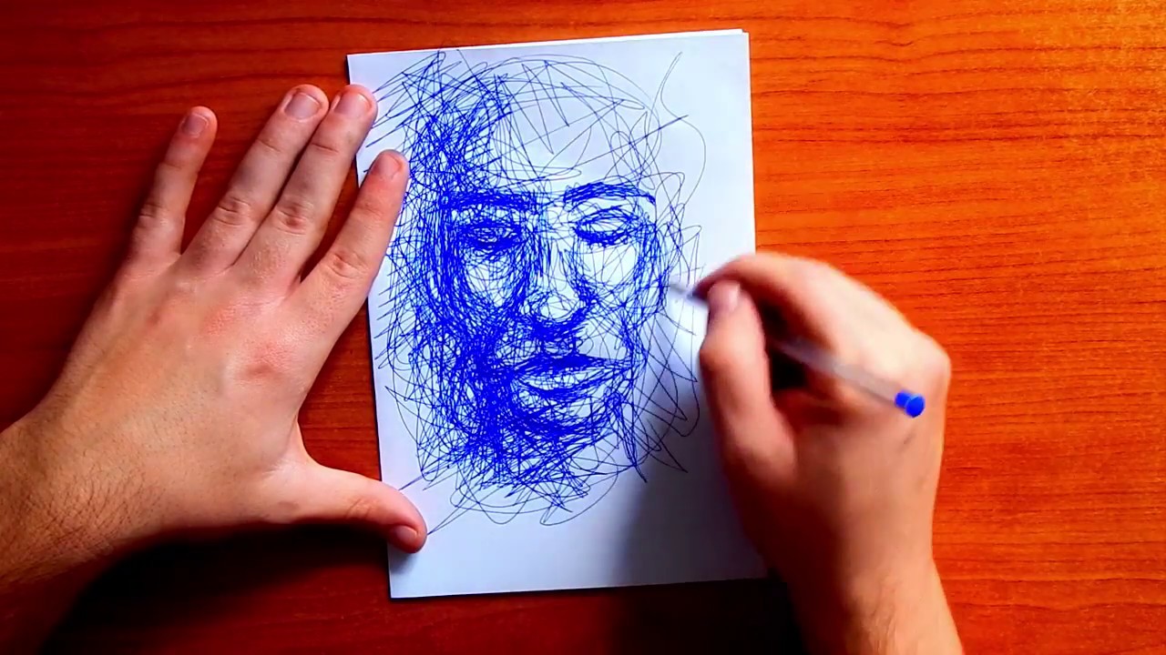 Portrait Drawn Entirely By Scribbling | Scribble Drawing Technique (real time) +rain sounds