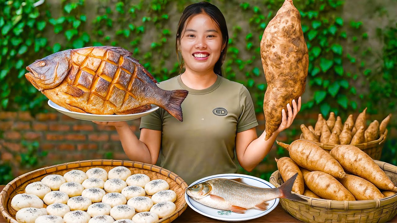 How to Harvest Cassava and Make Cassava Cakes to Sell at the Market, Grill Giant Fish for my Family