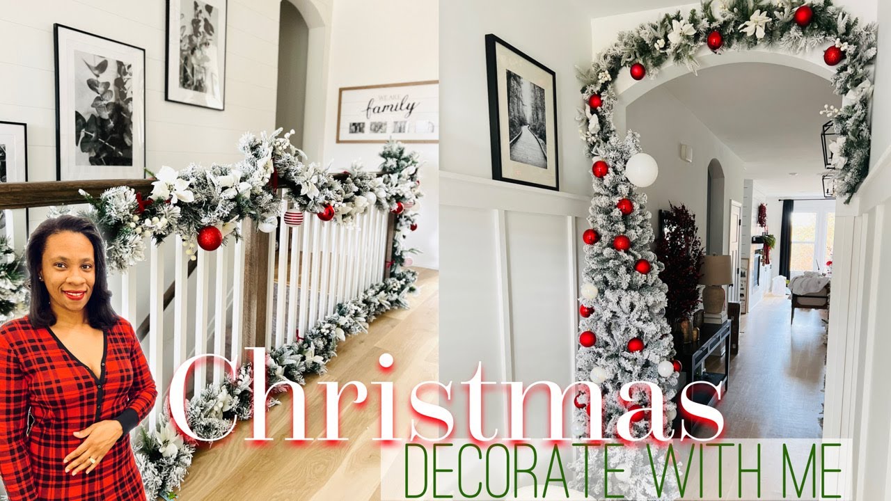 Christmas Decorate With Me 2023 | Front Entryway & Stair Rail Decorating | Red & White Christmas