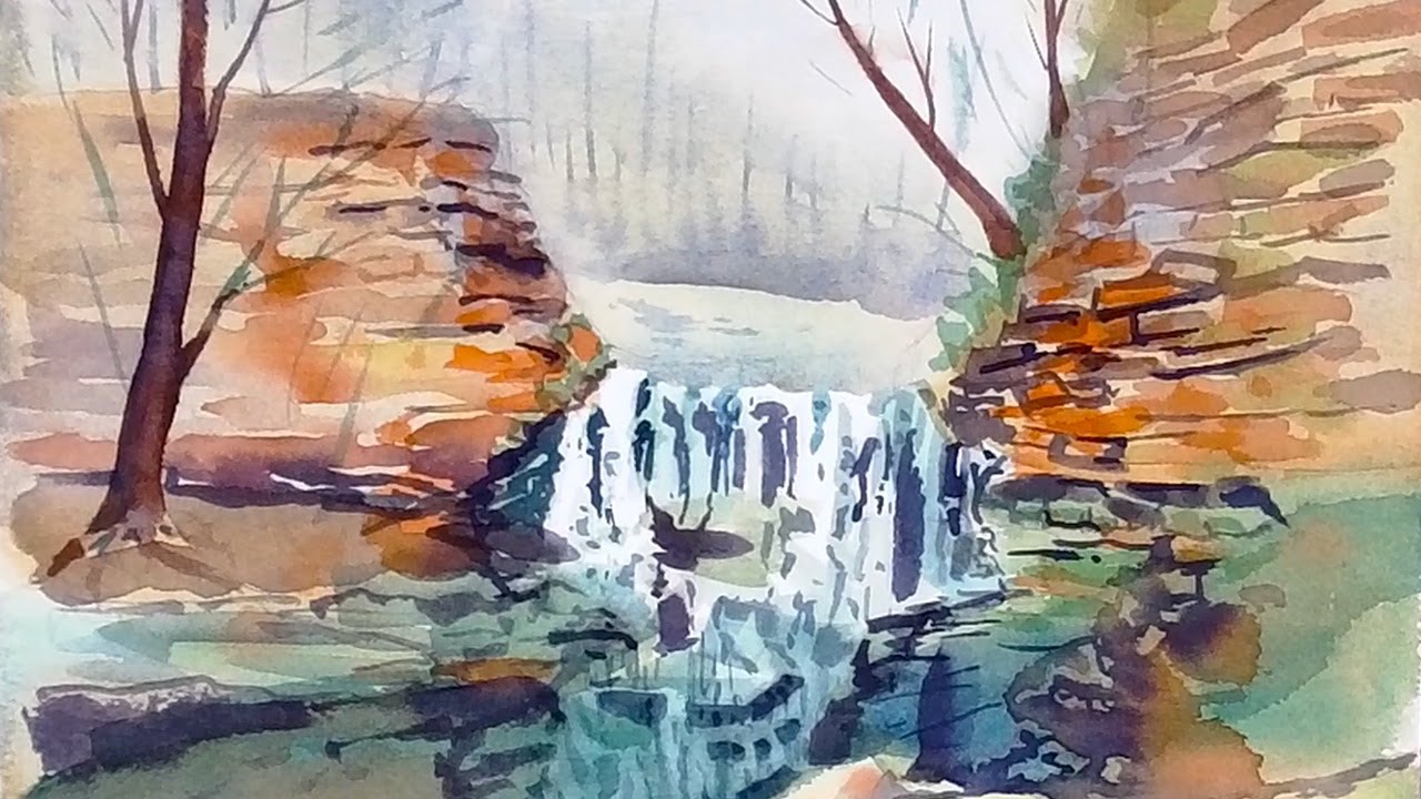Водопад в движении: акварельный этюд. Waterfall in Motion: A Watercolor Study.