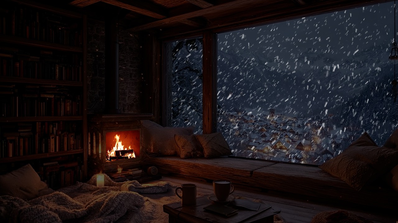 Snowfall Beside a Cozy Fireplace ❄️ A Warm Winter Atmosphere for Deep Focus and Study