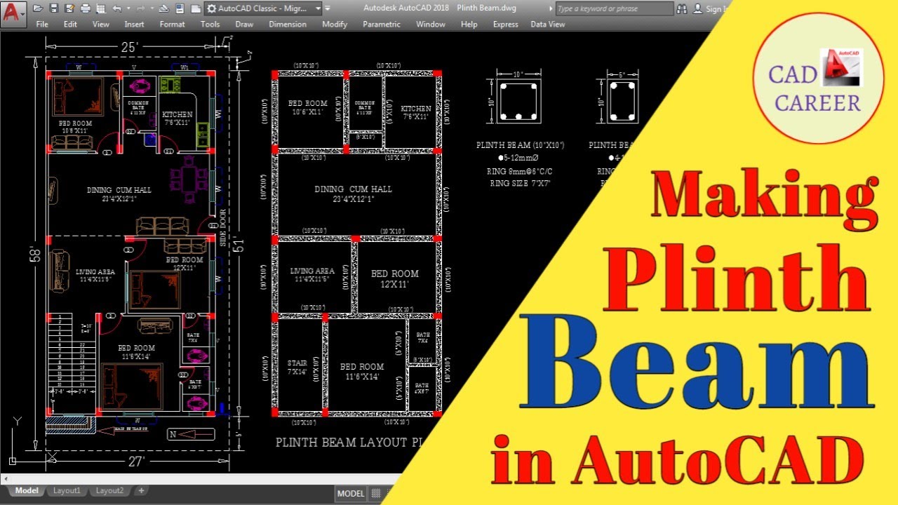 PLINTH BEAM DESIGN IN AUTOCAD | PLINTH BEAM REINFORCEMENT DETAIL | CIVIL ENGINEERING | HINDI
