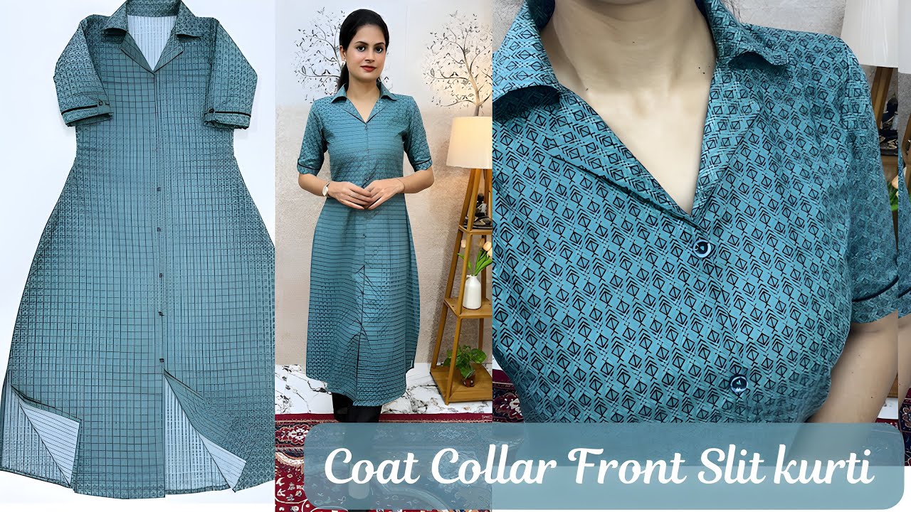 Coat Collar Front Slit Kurti Cutting And Stitching/treny Short Slit Aline kurti/Kurti Design
