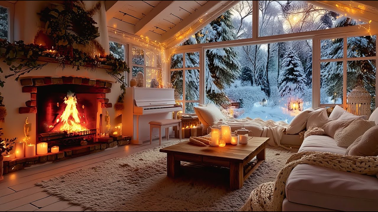 Relaxing Winter Piano Music ❄️ Cozy Cabin Ambience with Fireplace