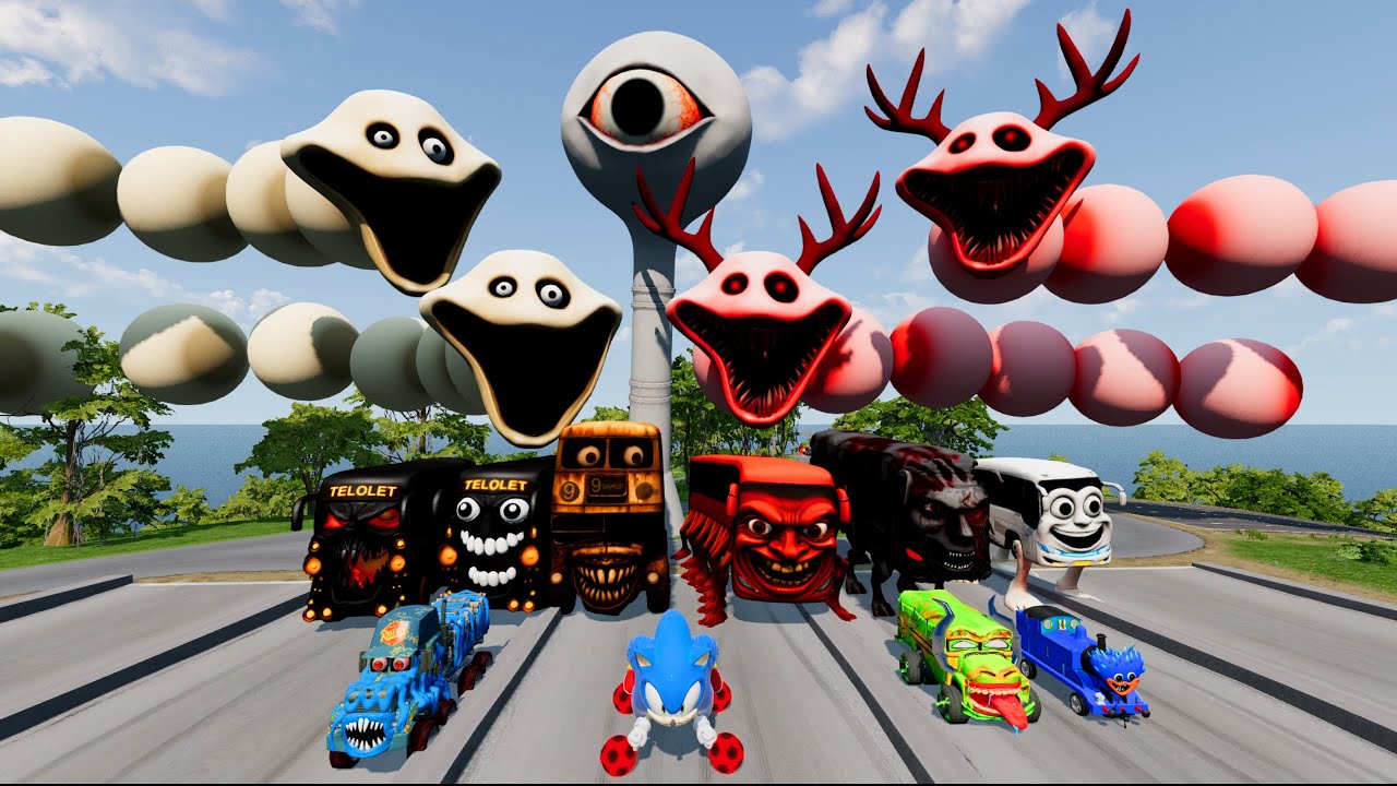 ALL MONSTERS Big & Small Cars with HUGGY WORM & PSYCHO TOMATO CAR EATER & BUS EATER – BeamNG Drive