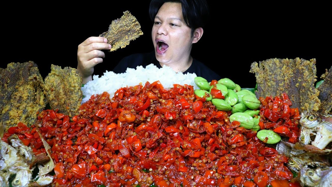 TANTANGAN!! MUKBANG NASI SAMBAL CABE RAWIT DAGING GORENG IKAN ASIN DAN PETE GORENG