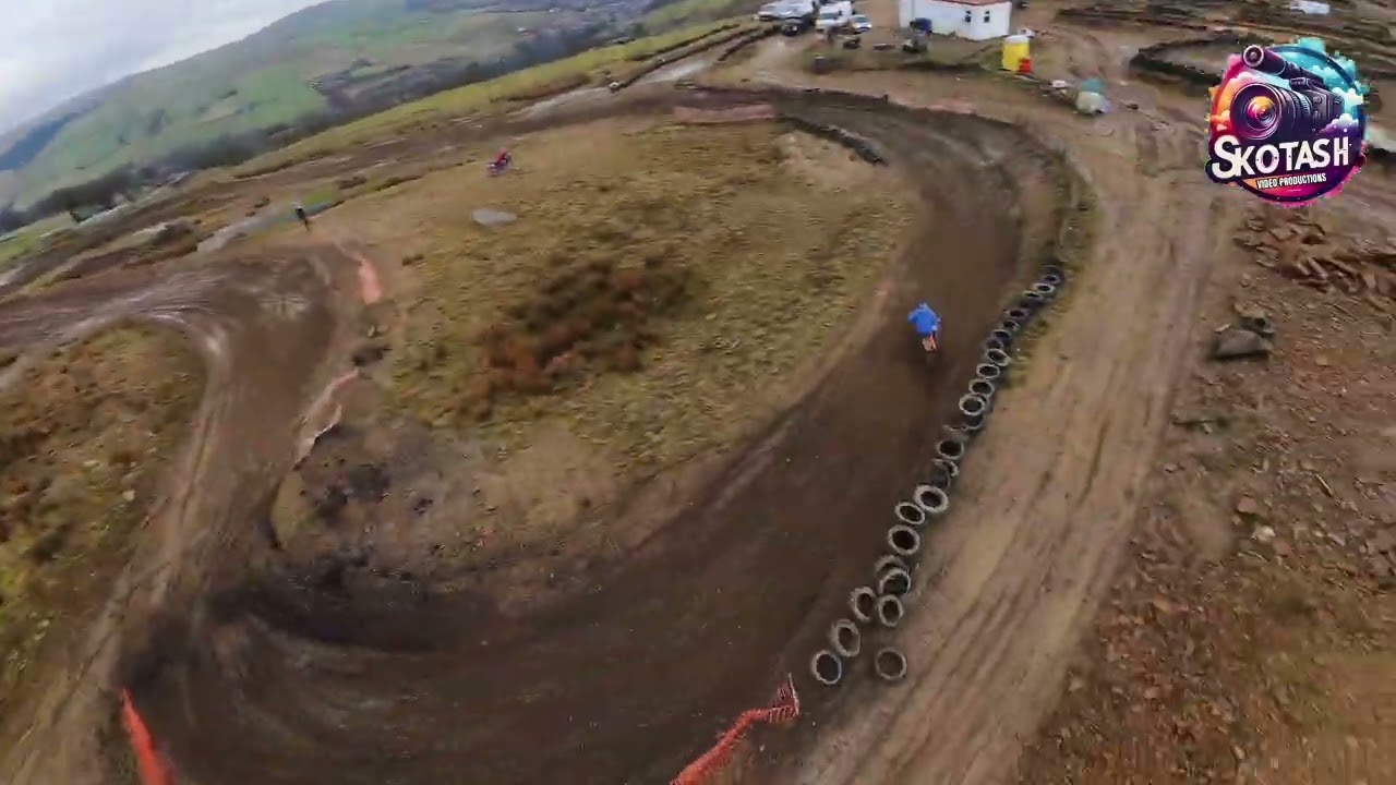 FPV drone chasing motocross bikes at Bacup MX track 