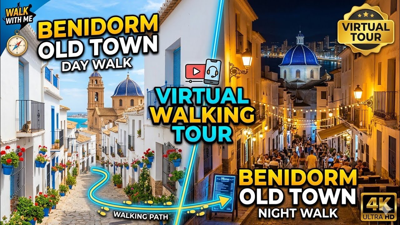 Benidorm old town and at night strip 4k virtual walk