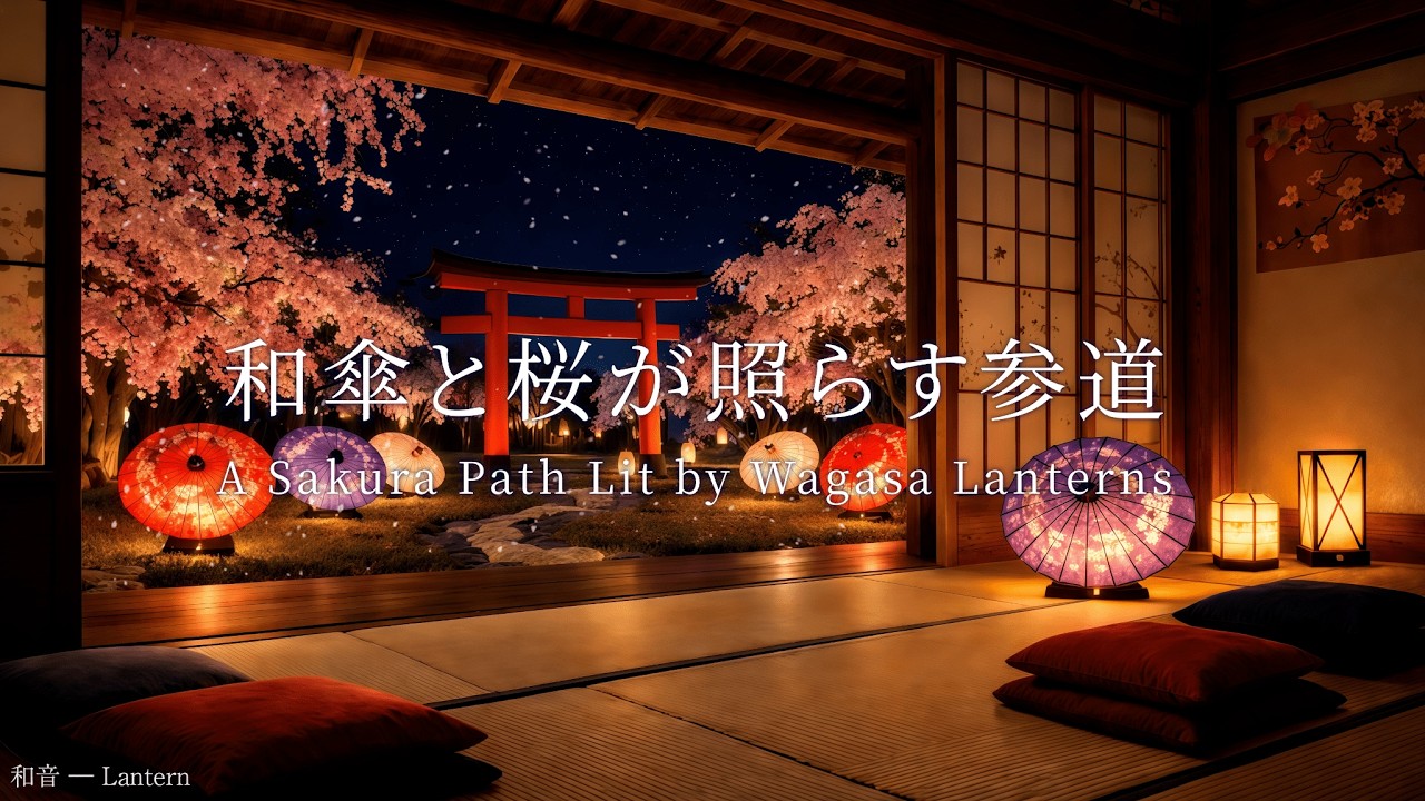 【和風BGM】和傘と桜が照らす参道｜Soothing Japanese Koto Music｜睡眠・作業用