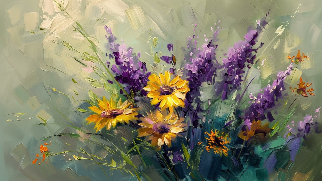 Vintage Purple and Yellow Summer Flowers Painting Screensaver Frame TV ART | No Music