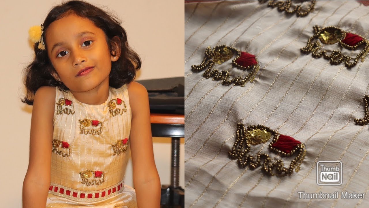 Indian traditional aari elephant design work in kids frock ||##easy hand work method###