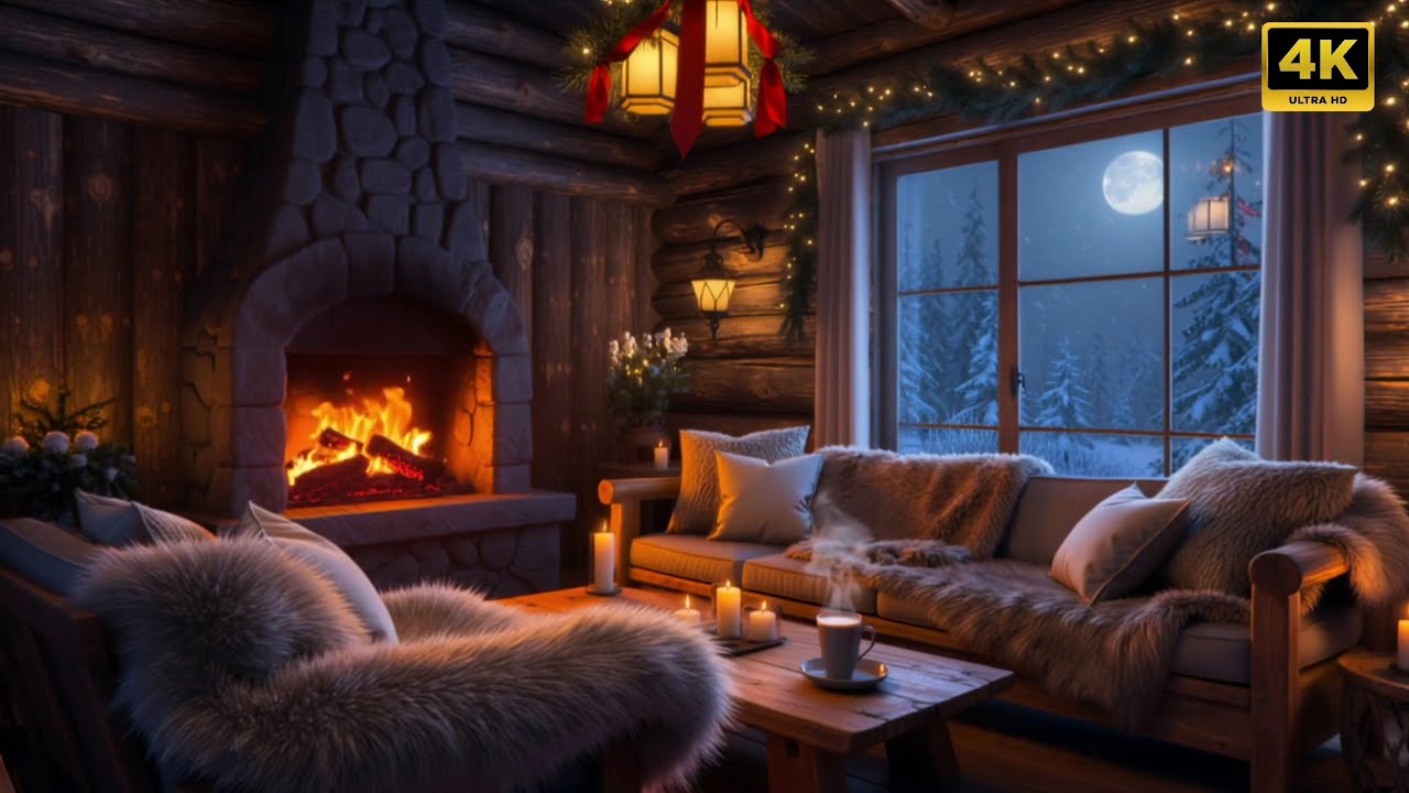 Instant Sleep in Cozy Cabin Snowfall, Warm Fireplace 🔥 & Slow Jazz Ambience 🎶 4k quality