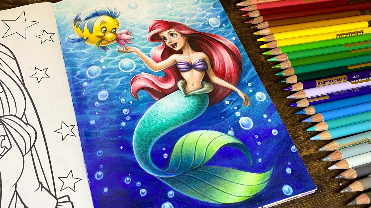 【100均ディズニー塗り絵】夏の終わりに、爽やかなアリエルを塗りました。