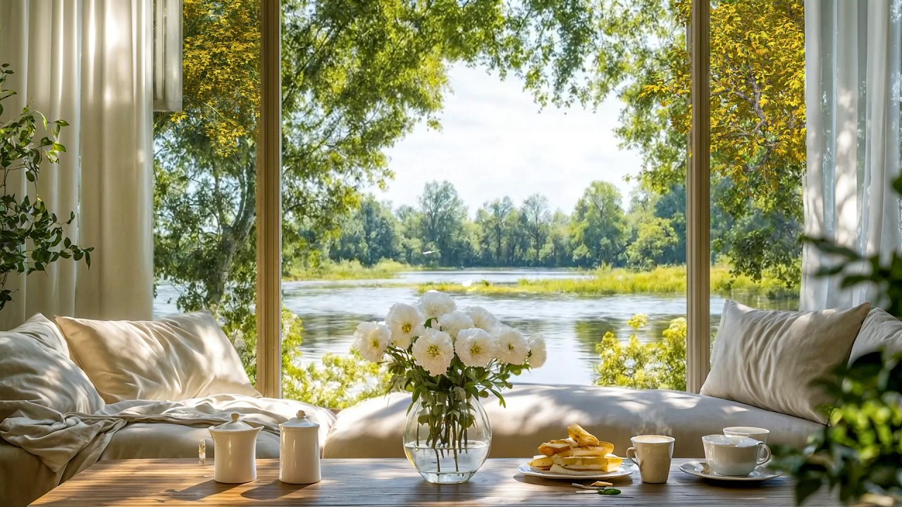 A Peaceful Spring Afternoon by the Window 🌱 Cozy Tea Time, River View & Soft Nature Sounds