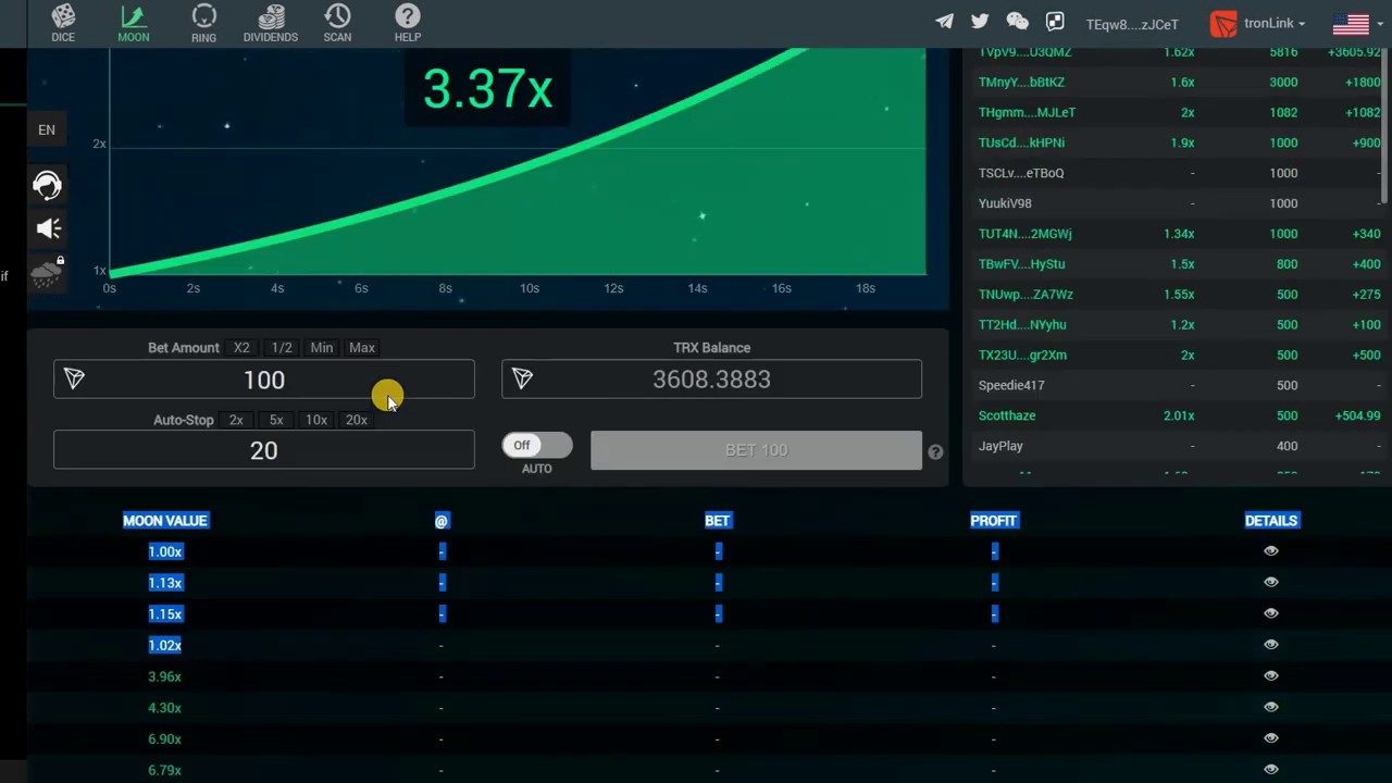 Playing TRON DICE and MOON games on tronbet: SESSION 3