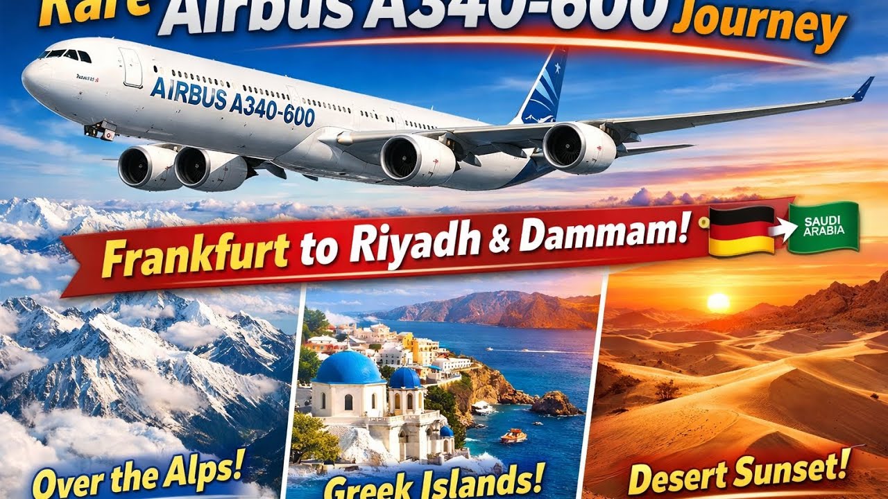 Rare Airbus A340-600 Journey ✈️ Frankfurt to Riyadh & Dammam | Alps, Greek Islands & Desert Sunset 🤩