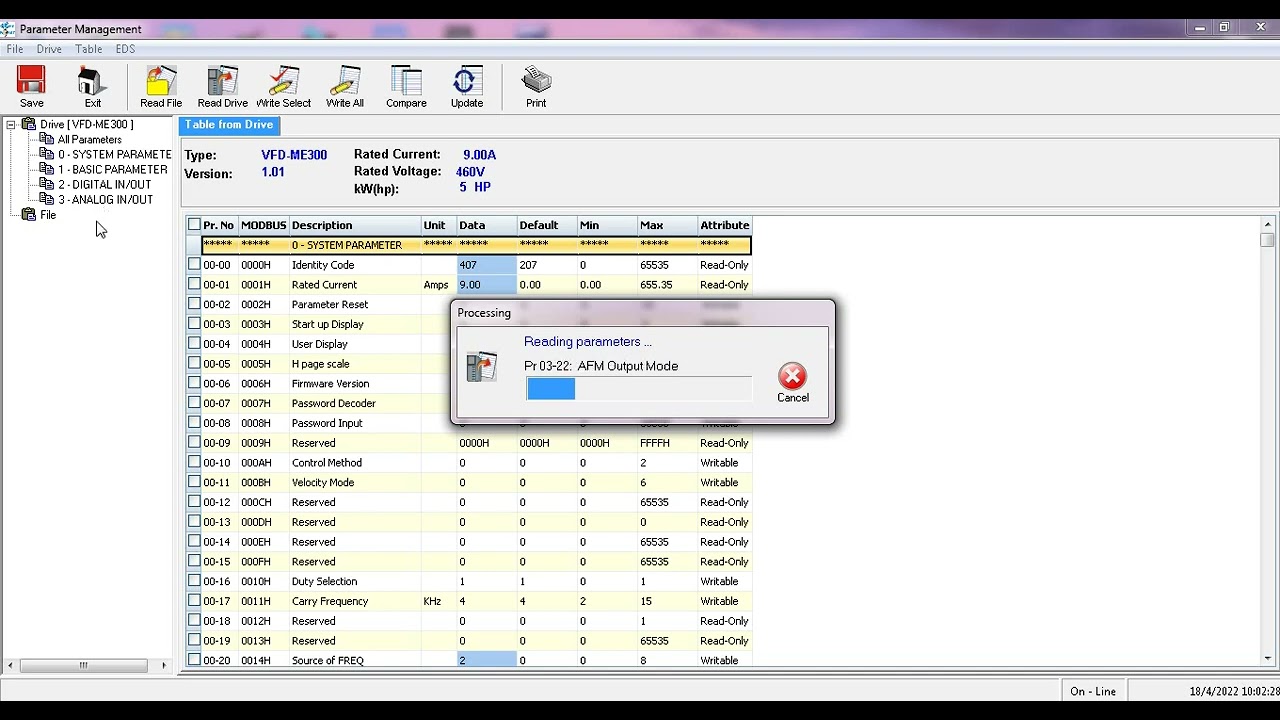 Upload parameter from Inverter  delta (VFD - EM300)