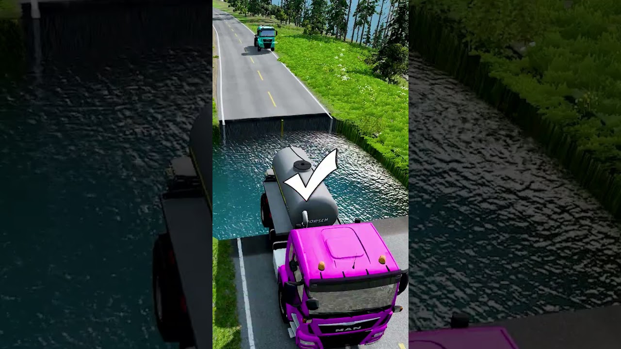 Tanker trucks crossing large water pit #12 | #doublespeedbumps  #carsvswaterpit #carsvsdeepwater