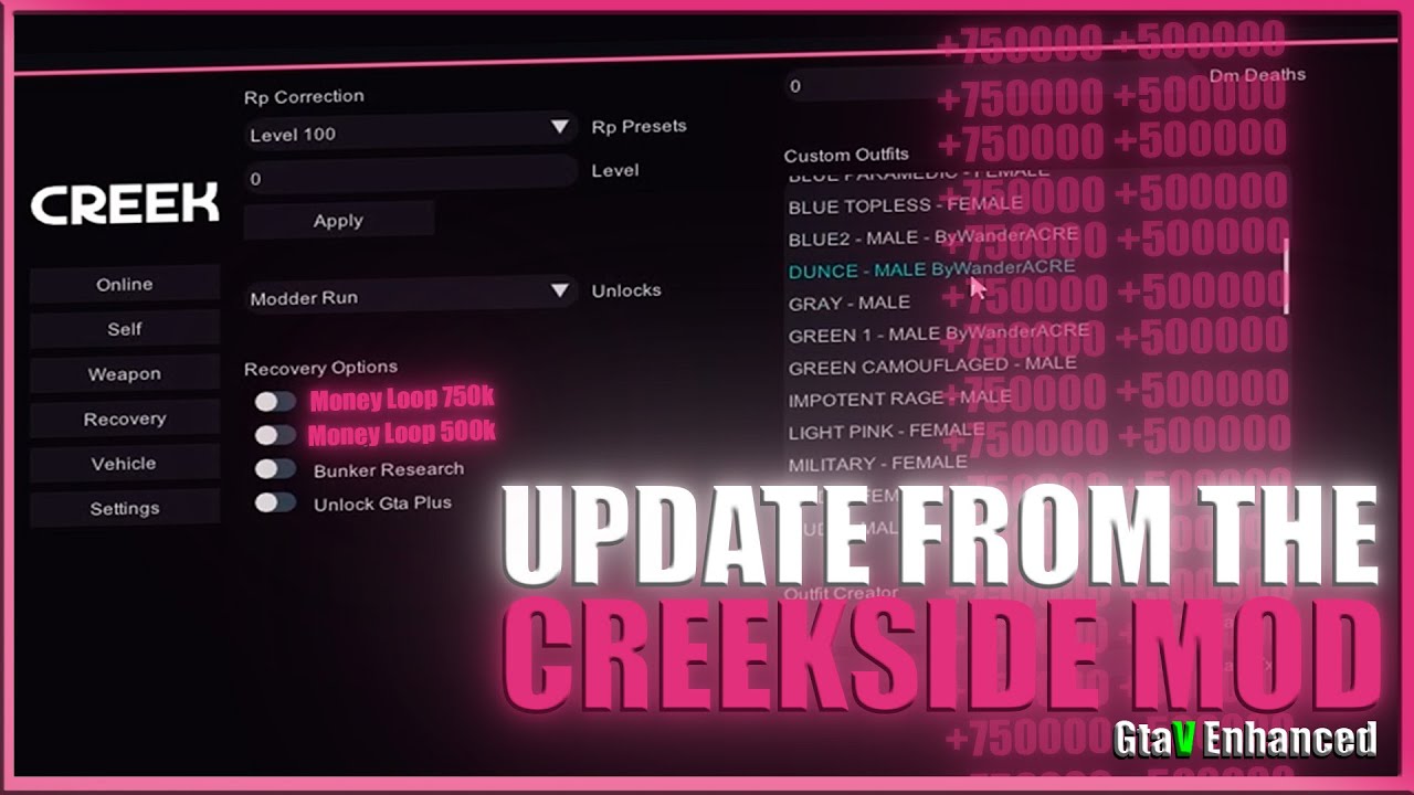 UPDATE FROM THE CREEKSIDE MENU MOD FOR THE GTA ENHANCED, PERFECT MOD TO UPGRADE YOUR ACCONT!!!!!!