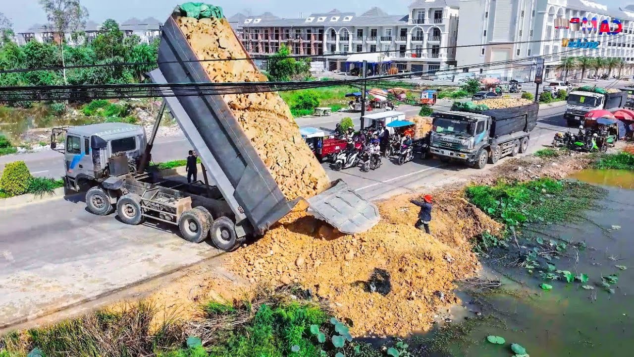 GREAT START AMAZING PROJECT LANDFILL Using Heavy Machinery  25TTrucks Unloading Soil&DOZERD65P  Push