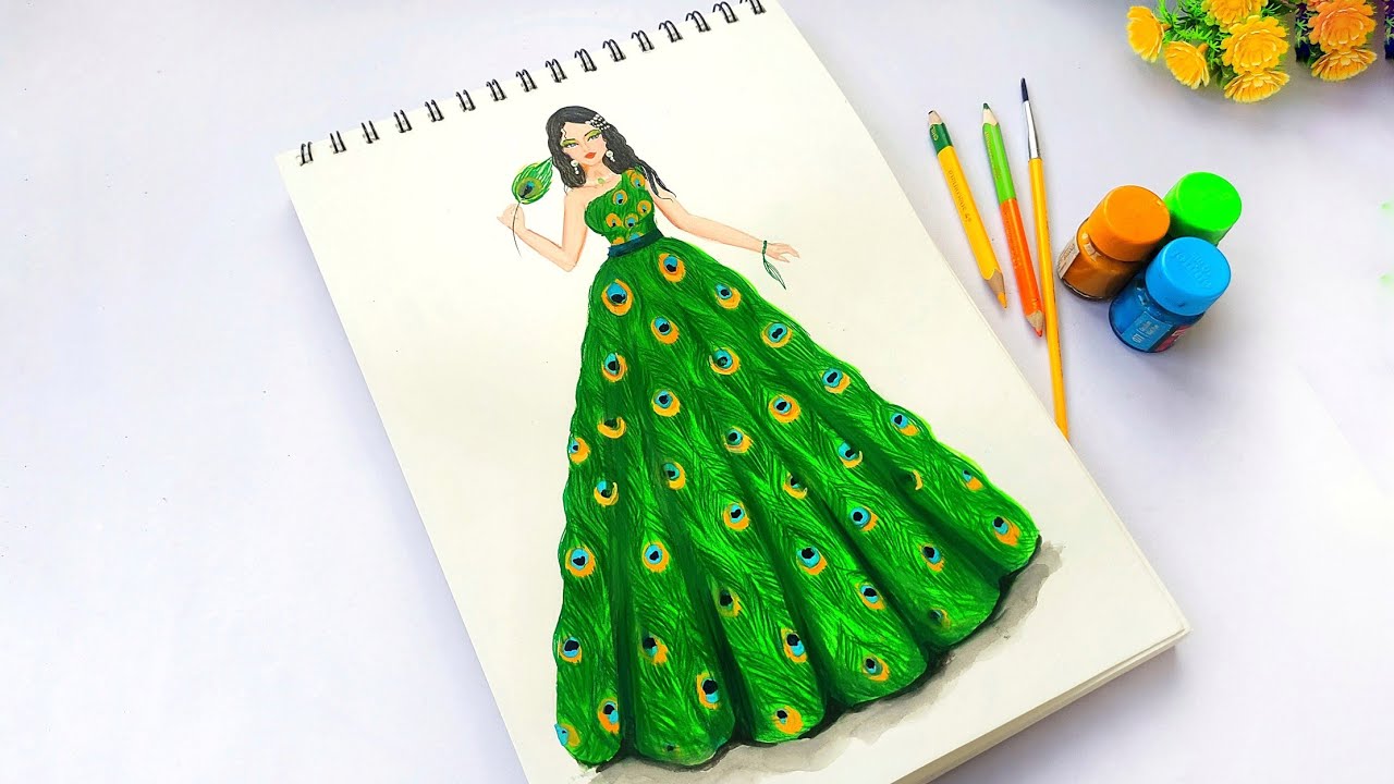 how to draw girl in peacock feathers dress |beautiful gown