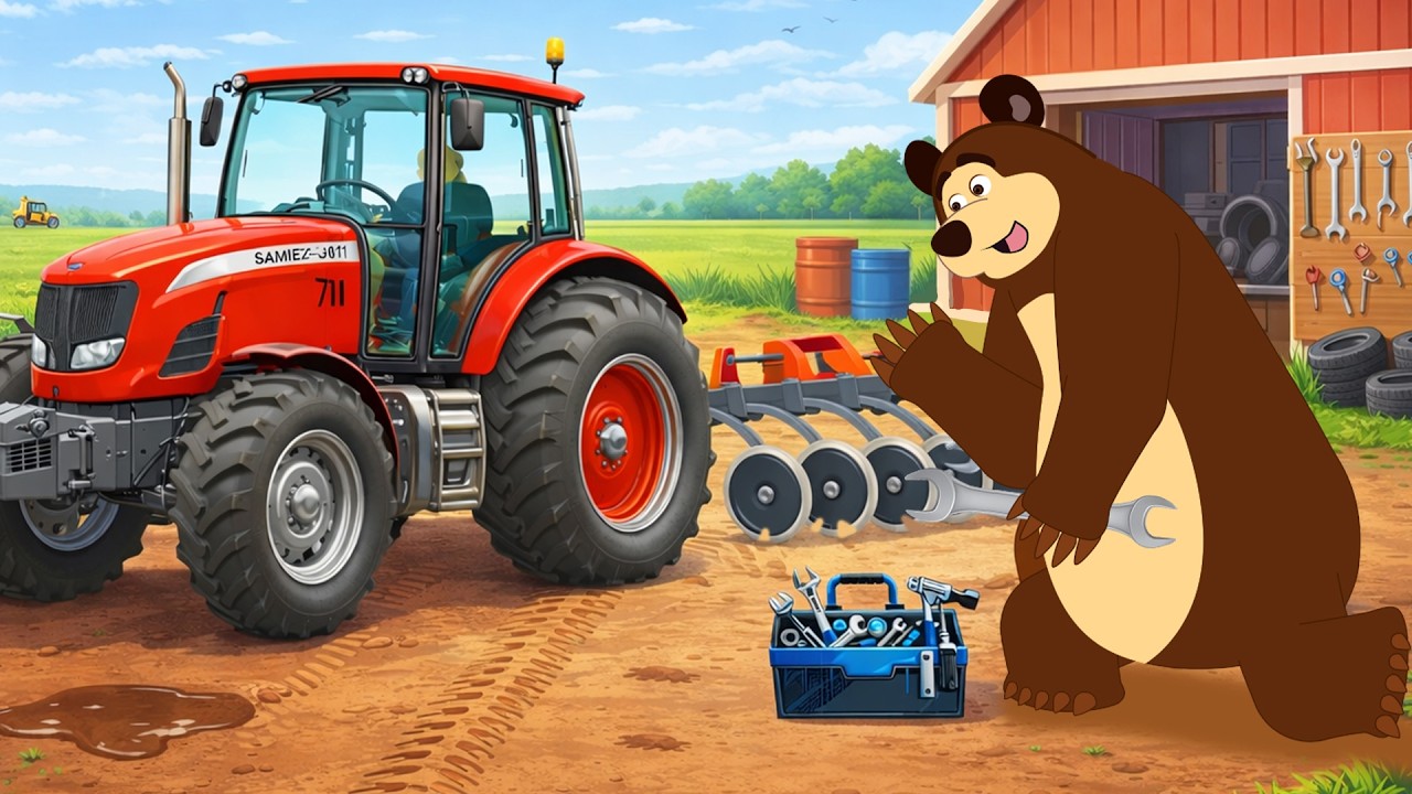 Farm Equipment Breakdown &ndash; Bear Repairs a Powerful Red Tractor with Disc Harrow Attachment 🚜⚙️🌾