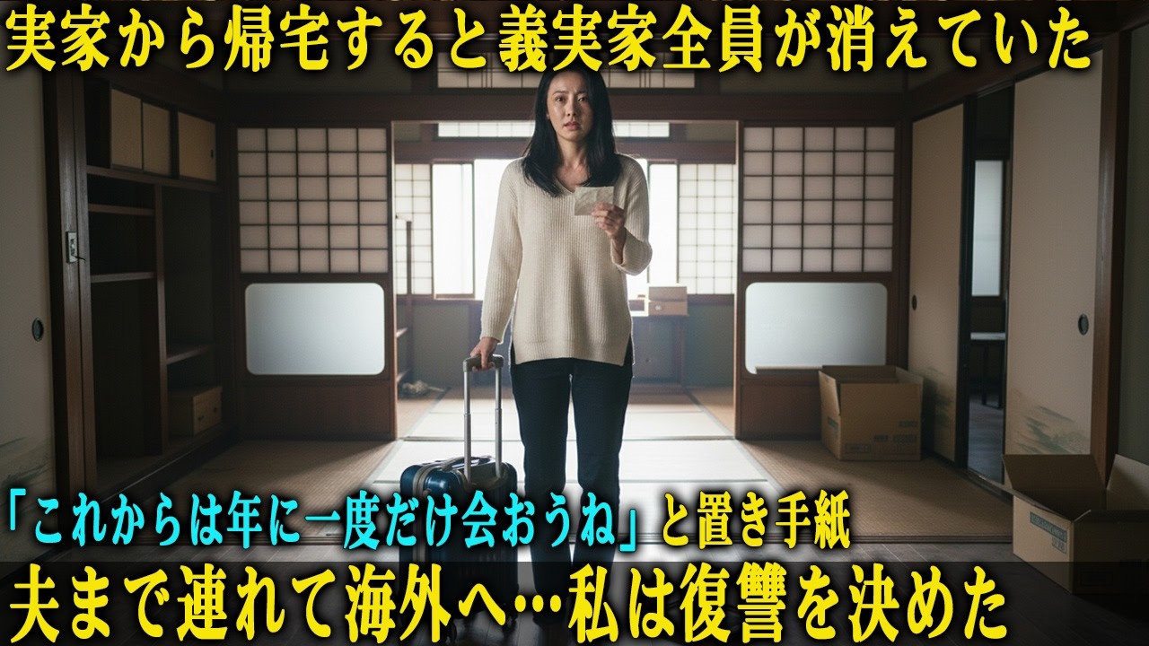 実家から帰ってきたら、義実家は私だけ置いて海外へ移住していた。 「これからは年に一度だけ会おうね」と言い残して、 私の夫まで連れて出て行った義実家に―― 私は血の涙を流させてやりました。
