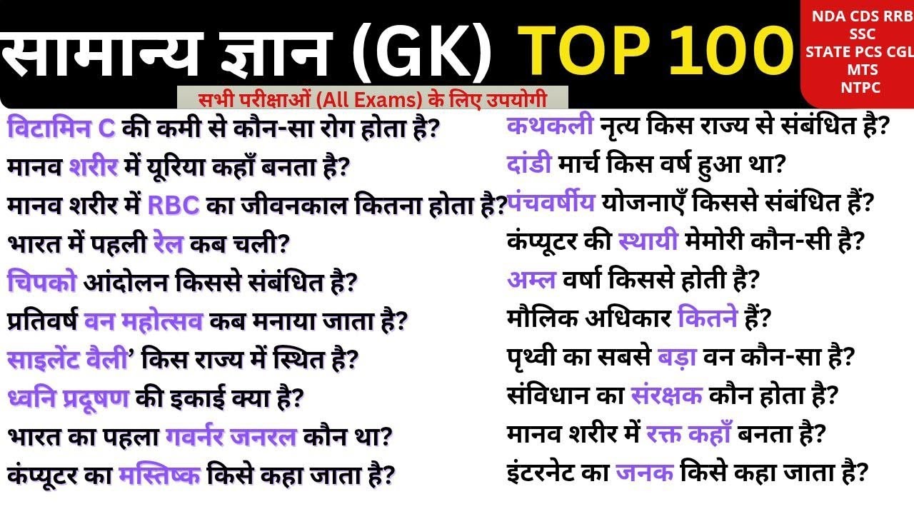 सामान्य ज्ञान | General Knowledge | Top 100 GK/GS questions |SSC GD, MTS, RPF, CRPF RRB NTPC#gk#ssc 