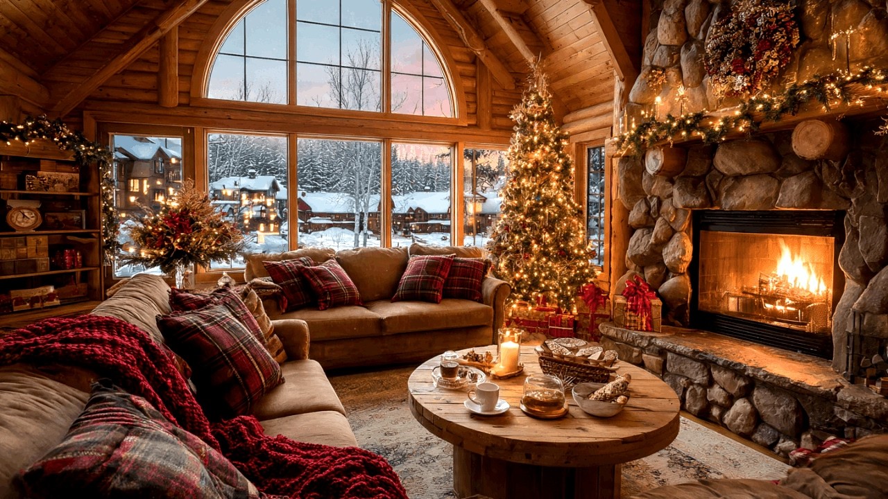 Motivating Jazz Instrumental in a Cozy Winter Fireplace Cabin