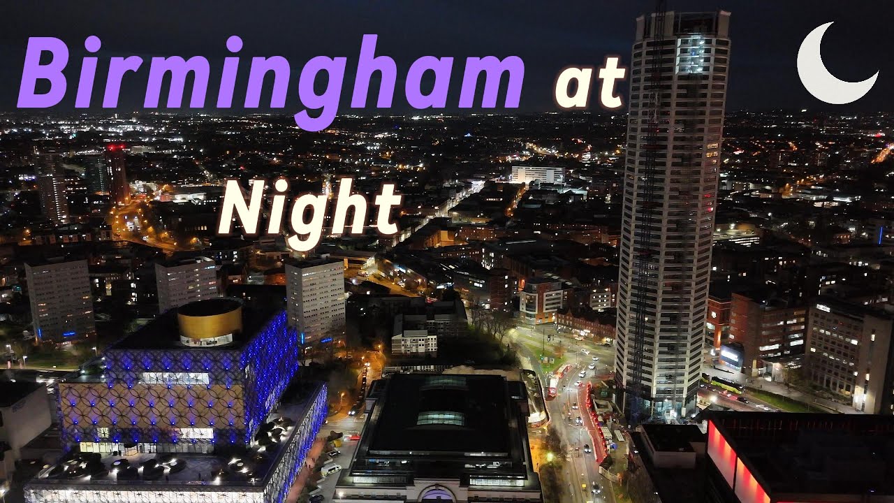 Birmingham at Night: 4k Drone View