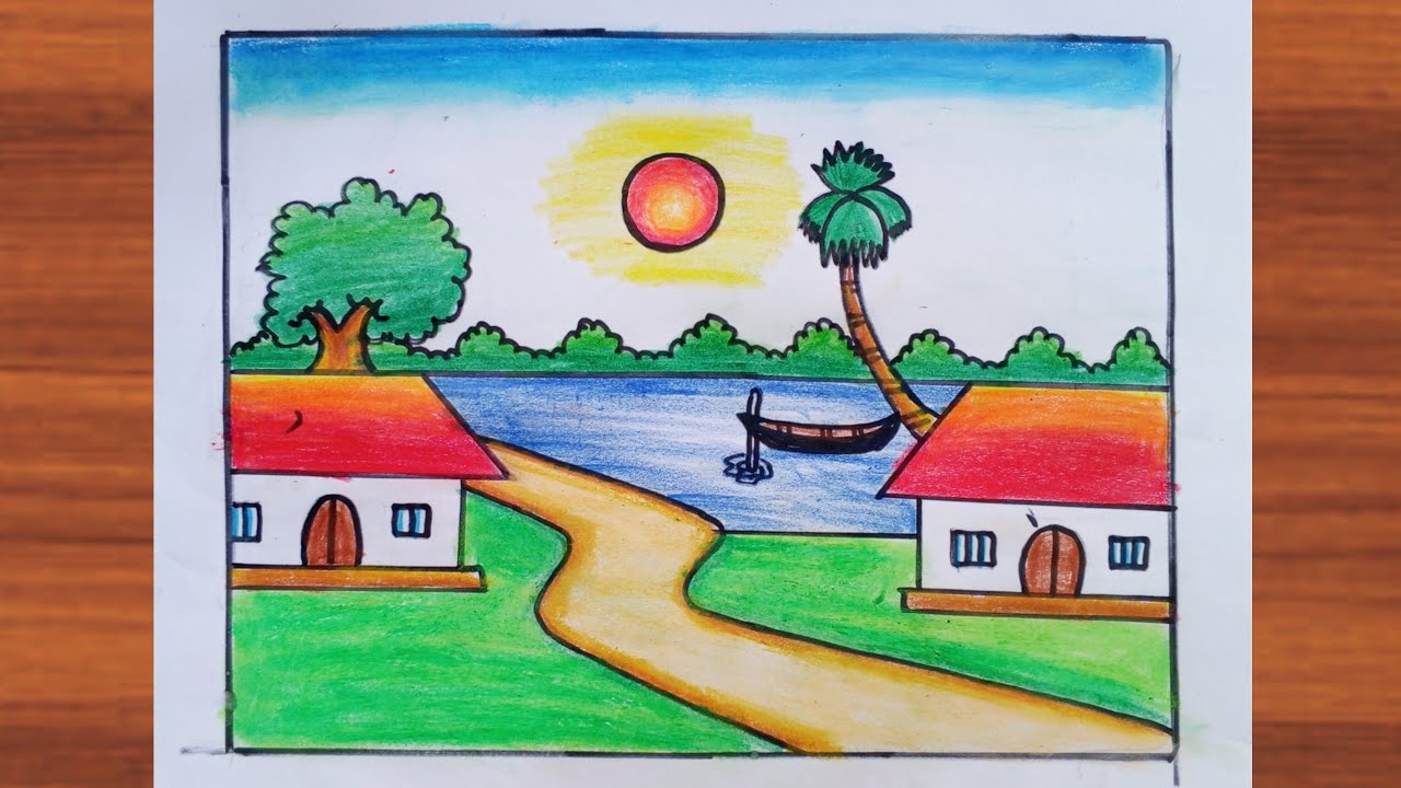 Beautiful village scenery drawing 😊 summer season scenery drawing easy / nature art #drawing #art