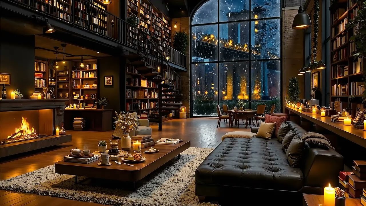 Winter Bookstore Cafe Ambience in New York ☕ Soft Piano Jazz & Fireplace Sounds for Working, Reading