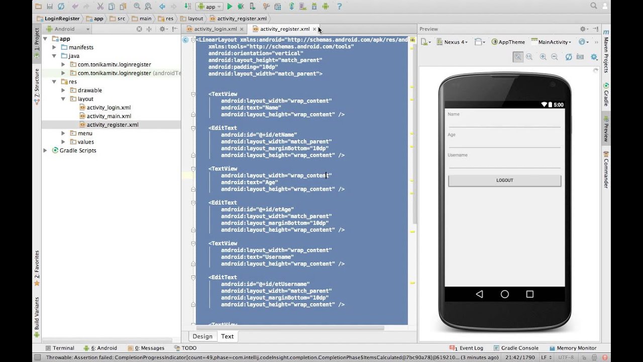 Android Studio Tutorial - Login and Register Part 1 - User Interface