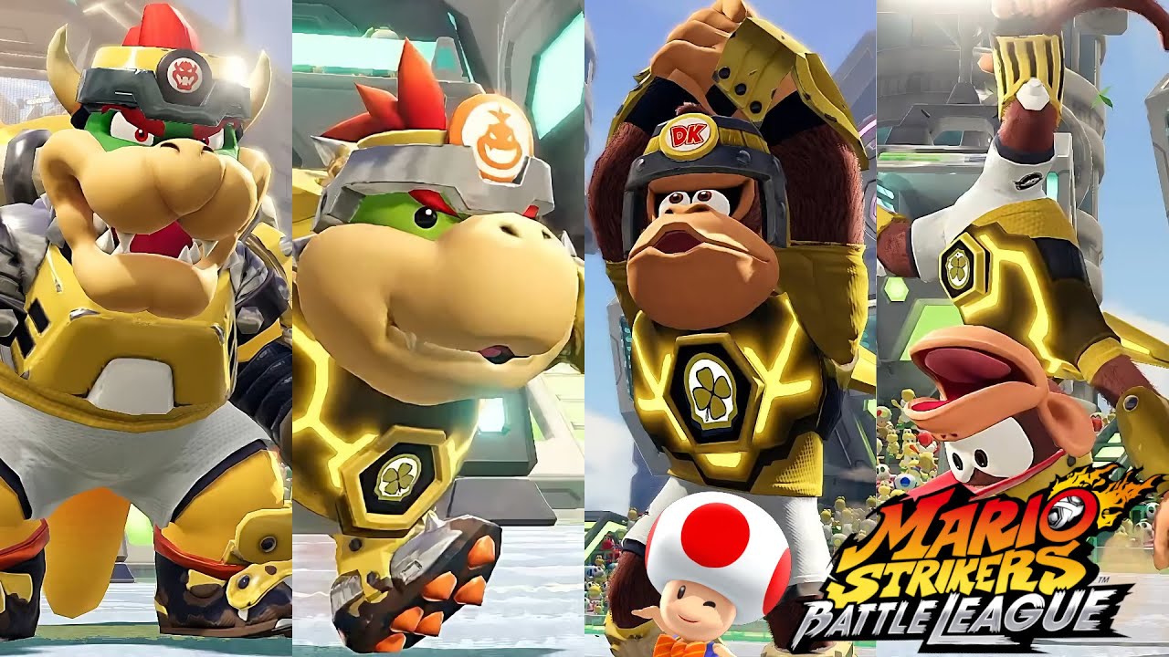 Mario Strikers Battle League Bowser Bowser Jr Donkey and Diddy Kong Gameplay in Urban Rooftop