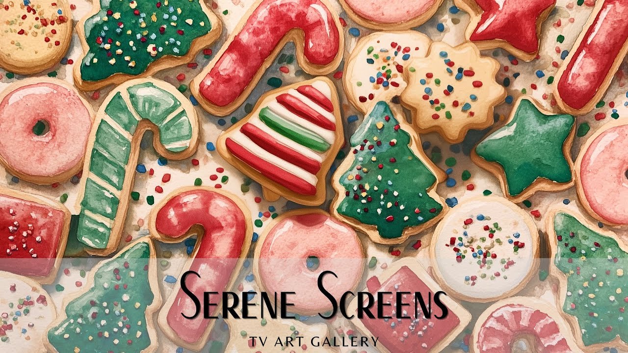 Watercolor Christmas Cookies Candy Canes Stars - TV Art Display, Screensaver, Wallpaper, Background