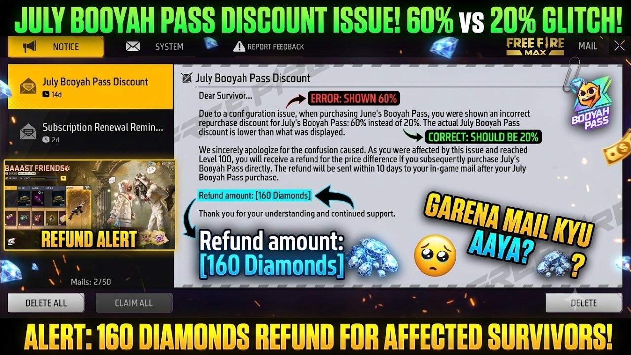July Booyah Pass Discount Mail | Due to a configuration issue | July Booyah Pass: 60% instead of 20%