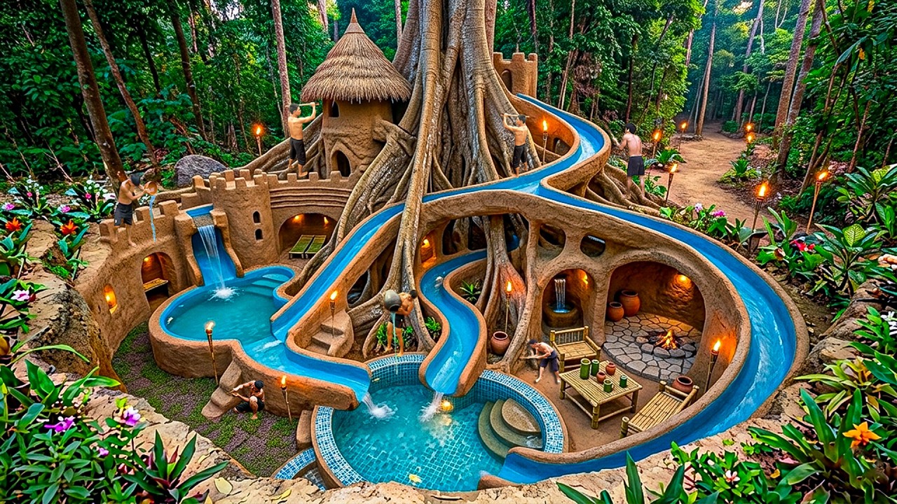 180 Days Building a Jungle Treehouse Living Space with Multi-Level Spiral Slide Using Primitive Tool