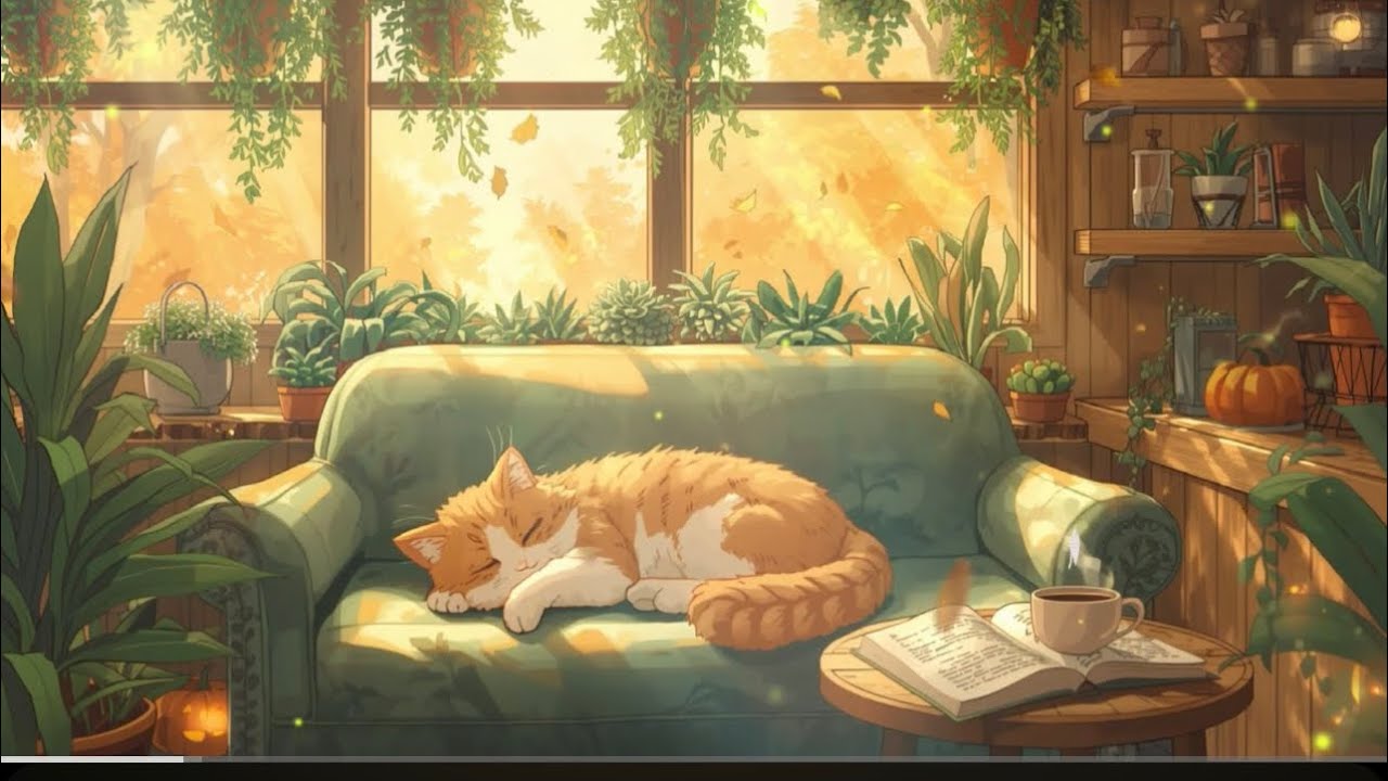 🌿☕🍂 October Afternoon | No Ads Lofi — Cozy Café Vibes with a Ginger Cat & Green Plants