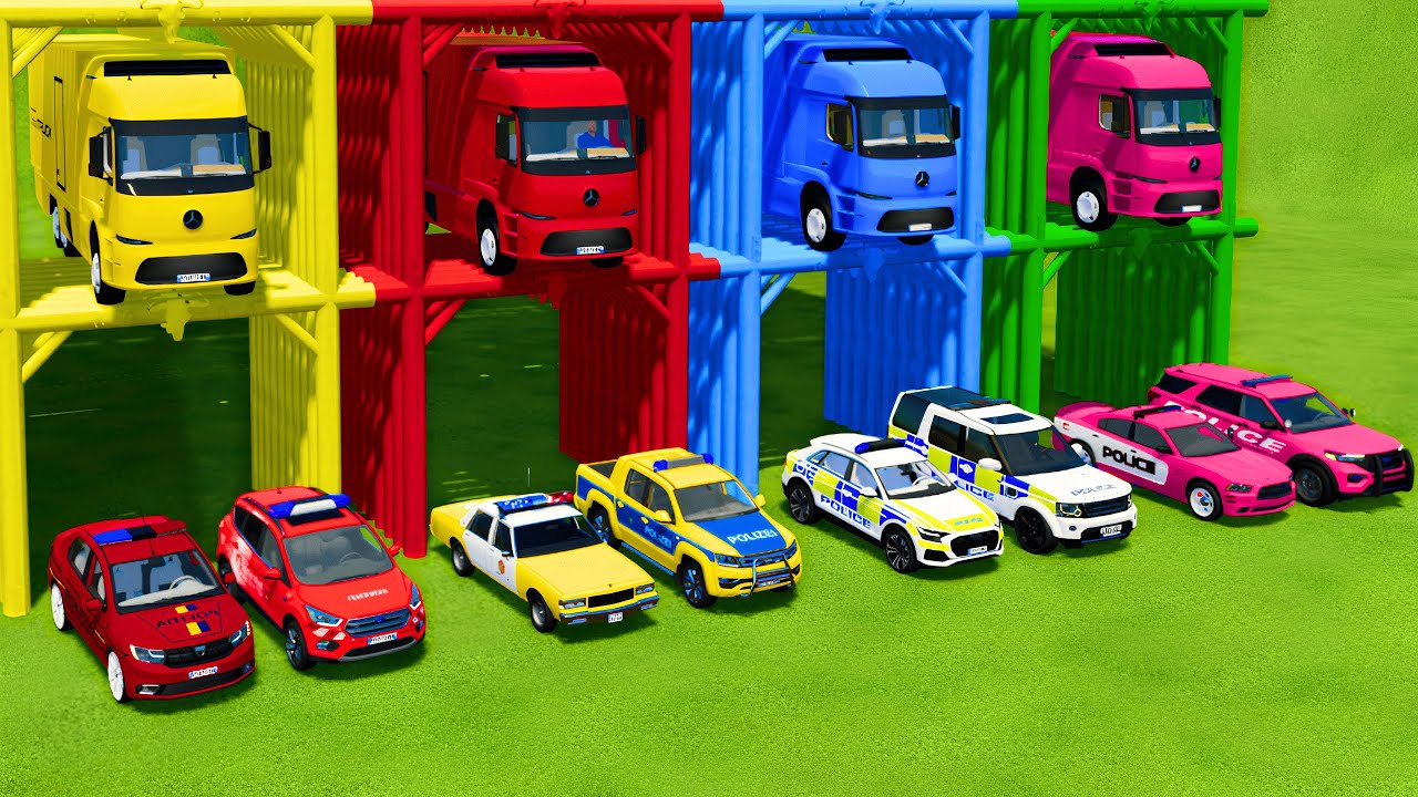TRANSPORTING ALL POLICE CARS & AMBULANCE EMERGENCY VEHICLES WITH MERCEDES ELECTRIC TRUCKS ! FS22
