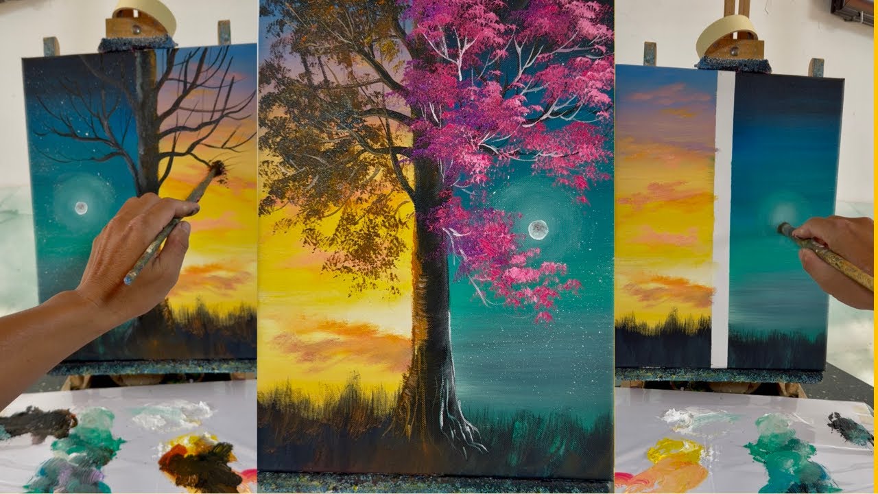 Step by Step Cherry Blossom Tree Between Day and Night | Easy Acrylic Painting for Beginners