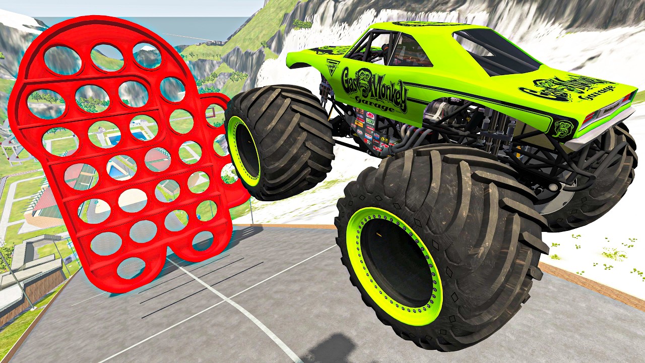 Huge Wheels Monster Trucks vs Giant Toy - Crashes Rollovers Fire Jumps Fails
