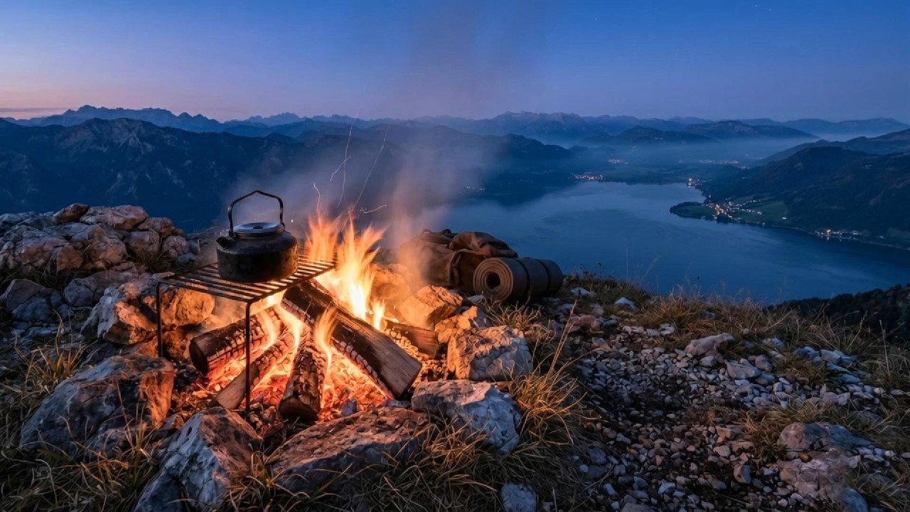 Cozy Mountain Campfire & Serene Lake View | Night Nature ASMR