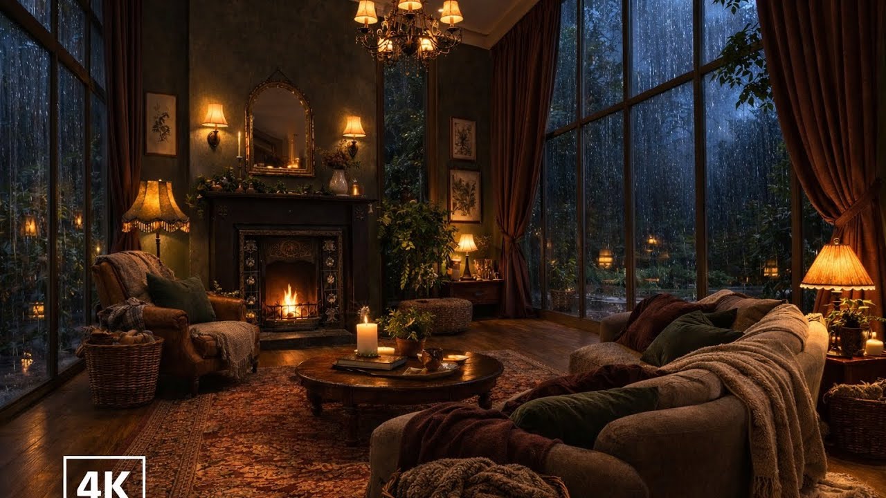 Cozy Rainy Cabin Ambiance 🌧️ Soft Piano Jazz, Fireplace Crackle & Rain | 4K Special Evening Retreat