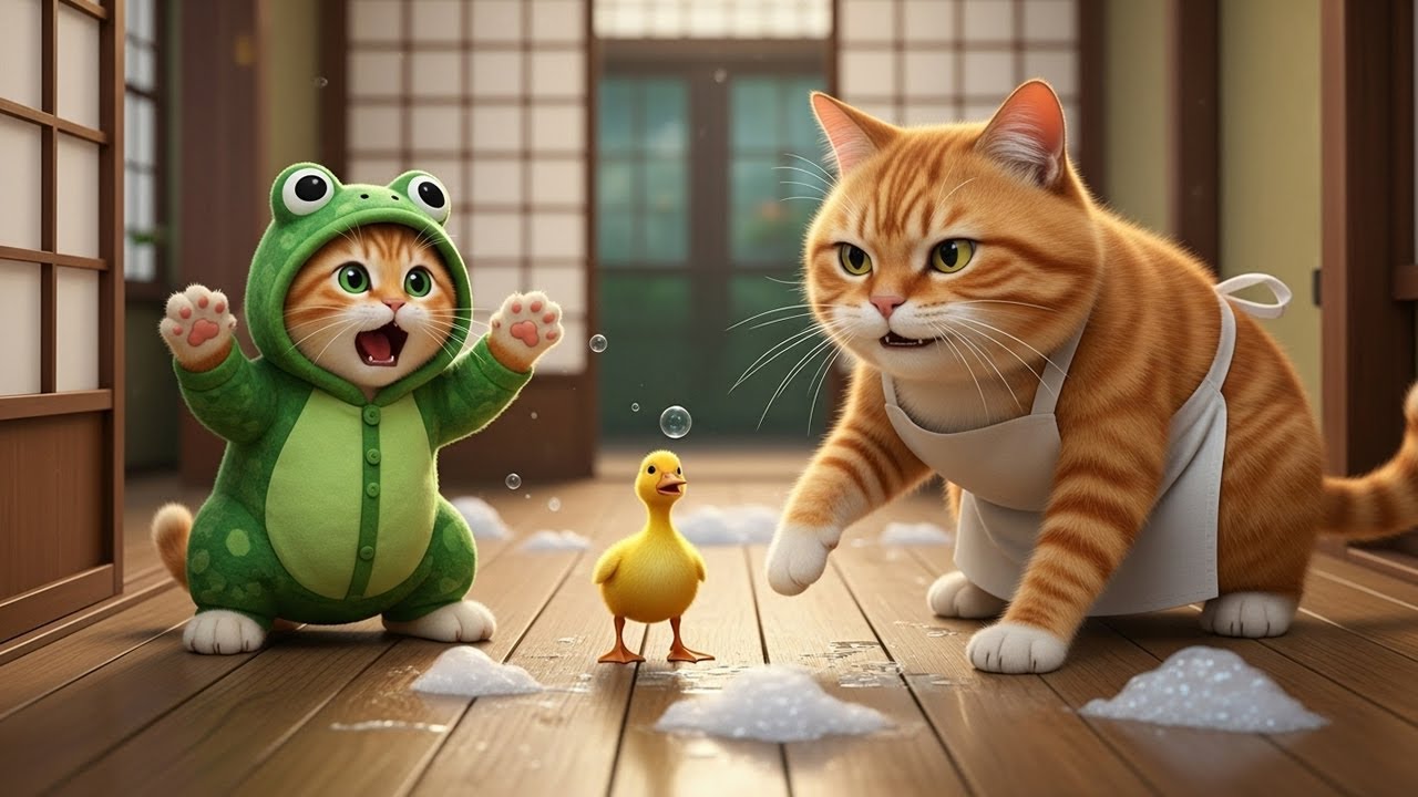 Ginger Kitten Brings a Duck Home — Mama Cat Is Furious