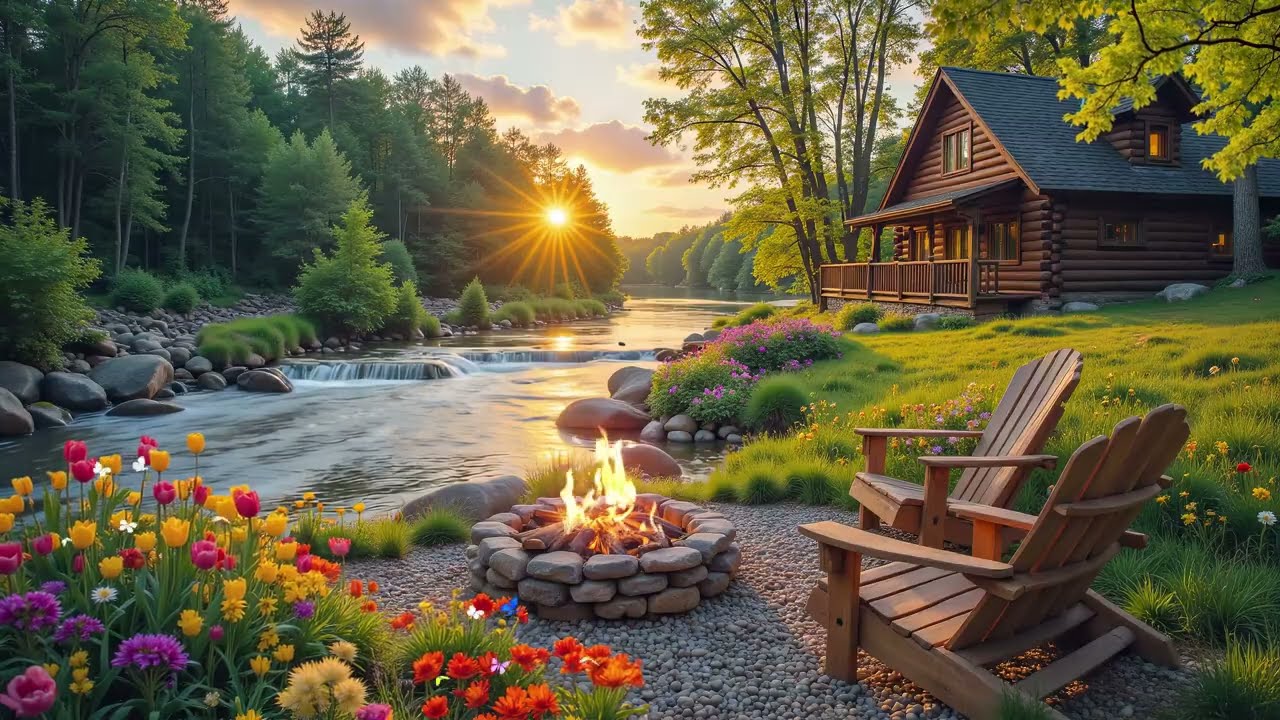 Relaxing Riverside Sunset 🌅🌿 Cozy Campfire, Birdsong & Healing Sleep Music for Relax & Meditation