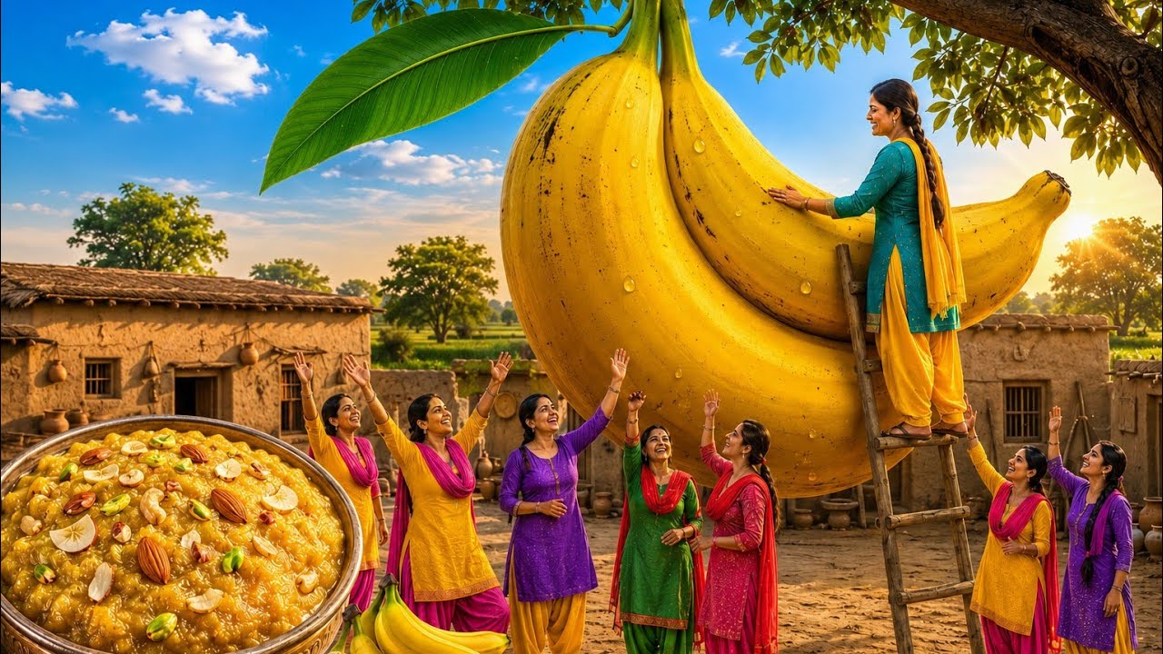 🍌 jaadui vishal kela mila 😱 | poore gaon ne banaya swadisht kele ka halwa Giant Banana Village Story