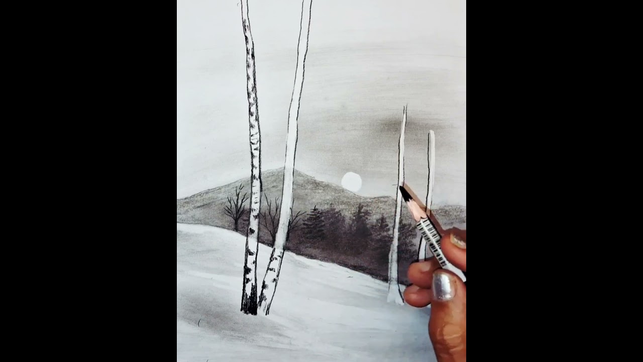 Easy Drawing Scenery | How to Draw Winter Season Landscape Scenery for Beginners