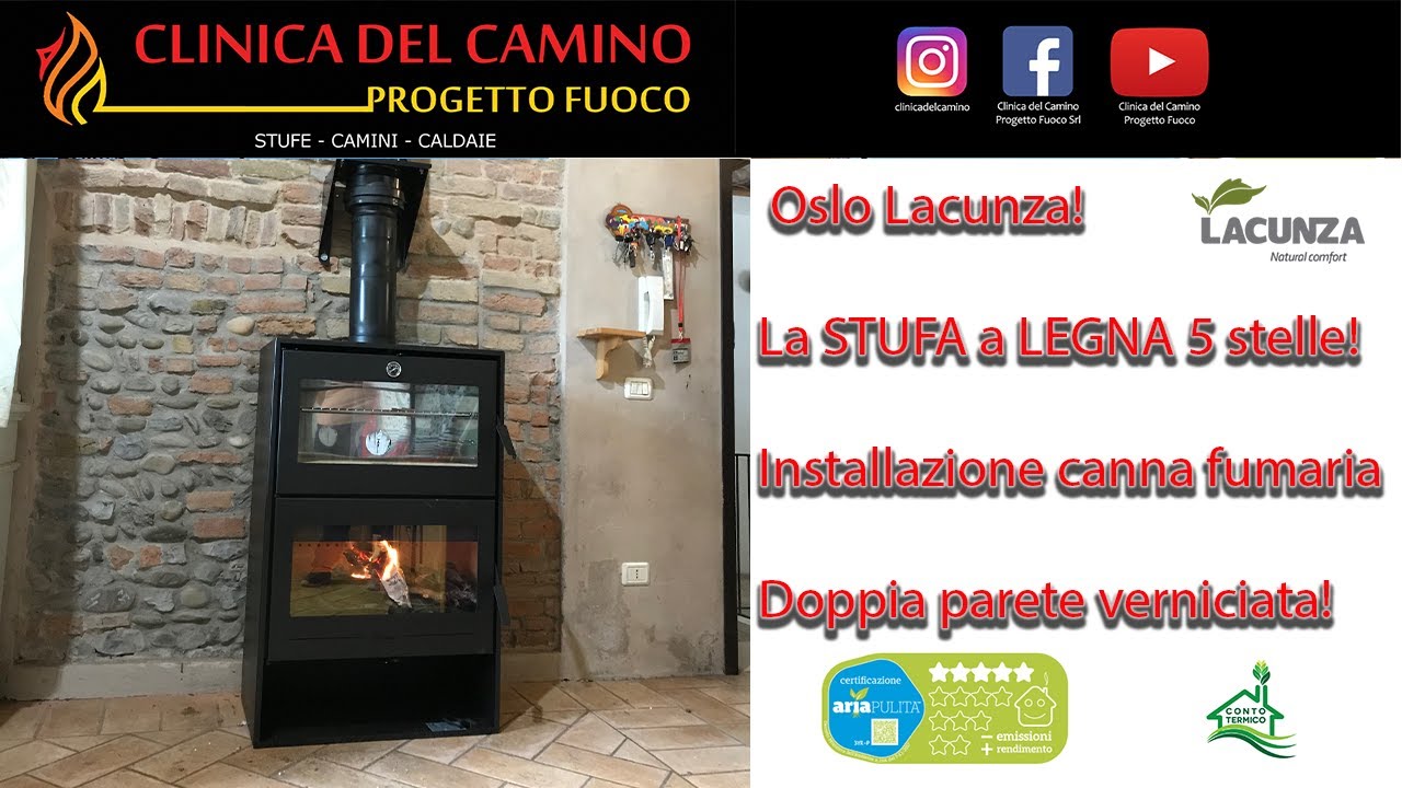 INSTALLAZIONE STUFA A LEGNA OSLO LACUNZA 5 STELLE E CANNA FUMARIA DOPPIA PARETE VERNCIATO NERO.